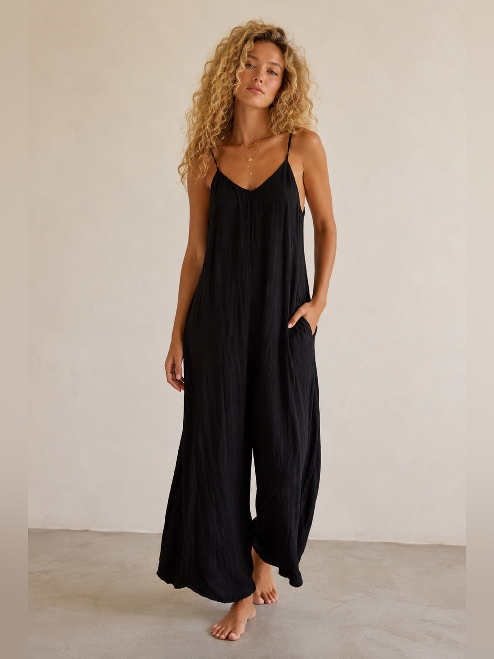 Lucca Black Wide Leg Jumpsuit | Size Medium | Flowy Minimalist Resortwear